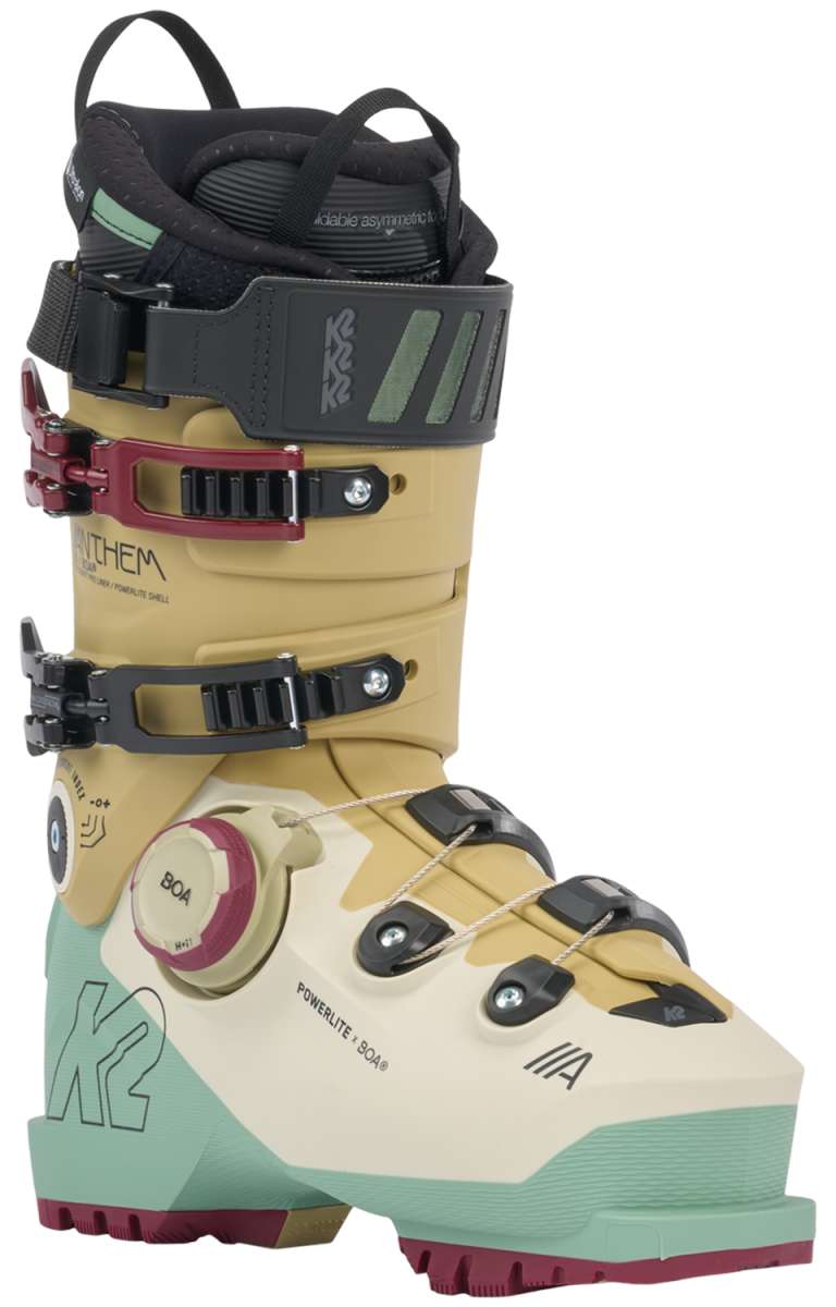 K2 Anthem 105 BOA women's ski boots feature a distinctive green and white design.
