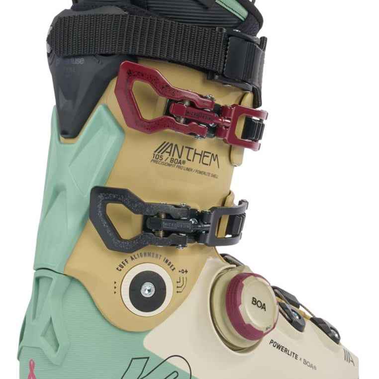 K2 Anthem 105 BOA women's ski boots feature a mint green and coral design.