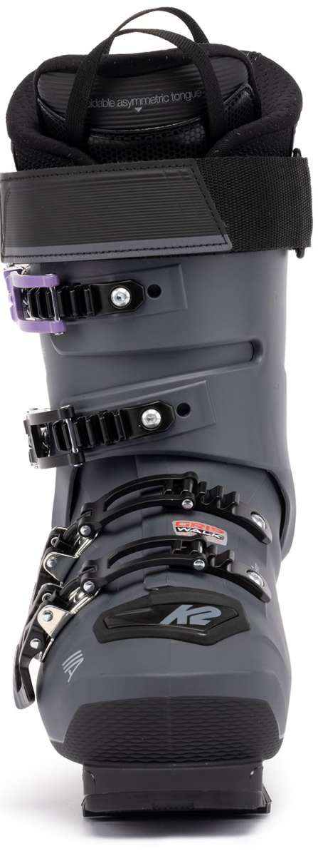 The K2 Ladies Anthem 85 MV Ski Boots for the 2022-2023 season are displayed against a white background. The boots feature a black and gray color scheme, with a BOA closure system that allows for easy adjustment of fit. They also have a sturdy buckle design for added security. These ski boots are designed to provide comfort and support during winter sports activities.