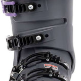 The K2 Ladies Anthem 85 MV Ski Boots for the 2022-2023 season are displayed against a white background. The boots feature a black and gray color scheme, with a BOA closure system that allows for easy adjustment of fit. They also have a sturdy buckle design for added security. These ski boots are designed to provide comfort and support during winter sports activities.