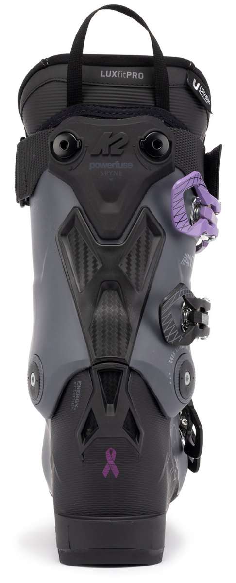The K2 Ladies Anthem 85 MV Ski Boots are a pair of black ski boots with purple accents, designed for women. They feature a BOA dial closure system and have a sturdy design suitable for various snow conditions.