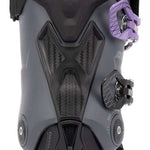 The K2 Ladies Anthem 85 MV Ski Boots are a pair of black ski boots with purple accents, designed for women. They feature a BOA dial closure system and have a sturdy design suitable for various snow conditions.