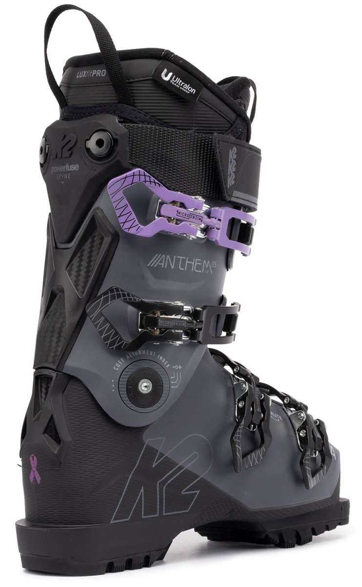 The K2 Ladies Anthem 85 MV Ski Boots for the 2022-2023 season are black and purple, featuring a BOA dial closure system.
