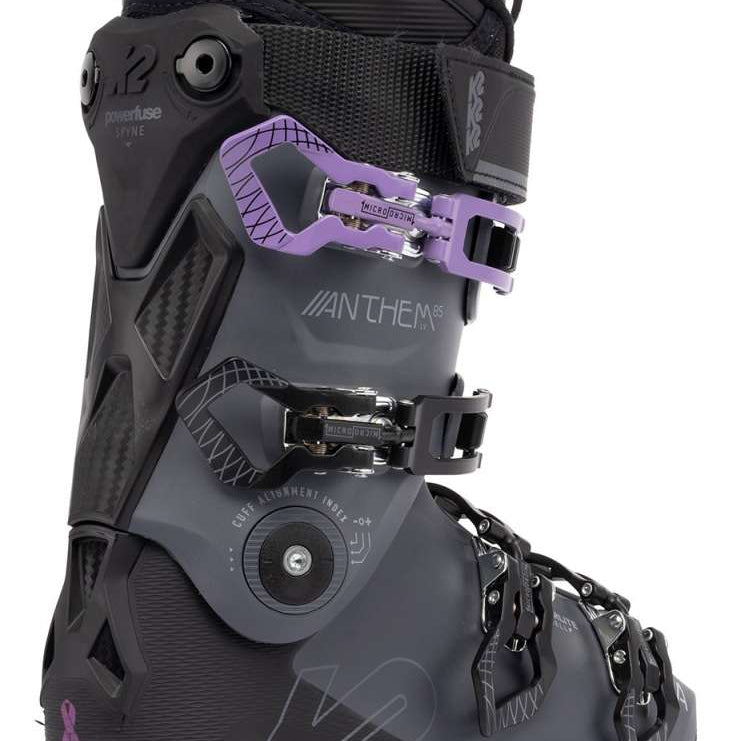 The K2 Ladies Anthem 85 MV Ski Boots for the 2022-2023 season are black and purple, featuring a BOA dial closure system.