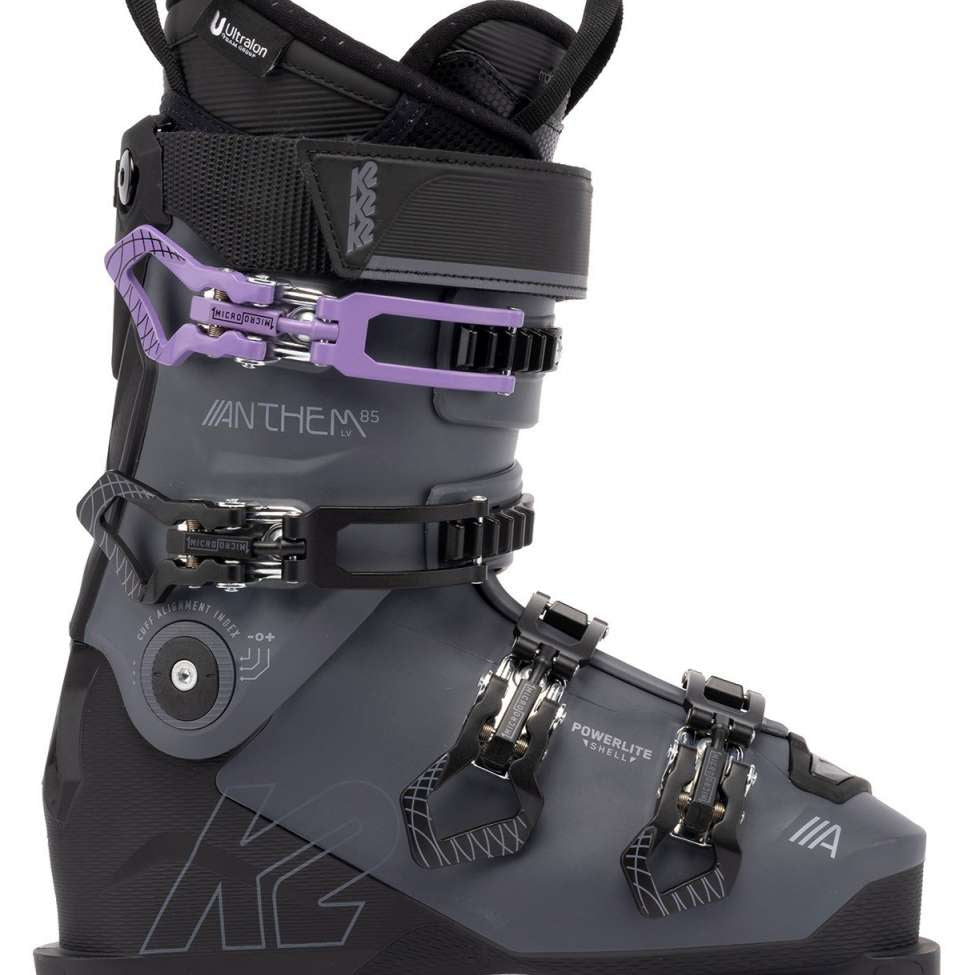 The K2 Ladies Anthem 85 MV Ski Boots for the 2022-2023 season, featuring a black and white color scheme with a BOA closure system.