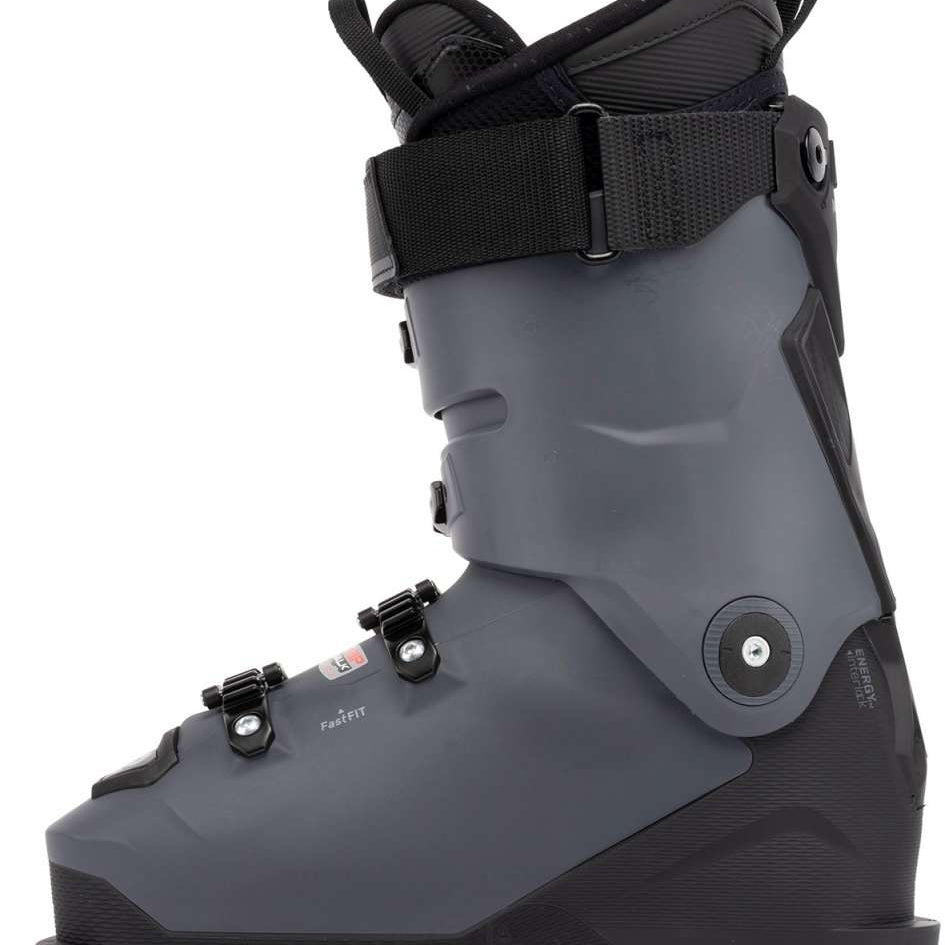 The K2 Ladies Anthem 85 MV Ski Boots for the 2022-2023 season are displayed. They have a black and white color scheme with a BOA dial closure system, providing adjustable comfort. The boots feature a sturdy design with a rugged sole for better grip on snowy surfaces.