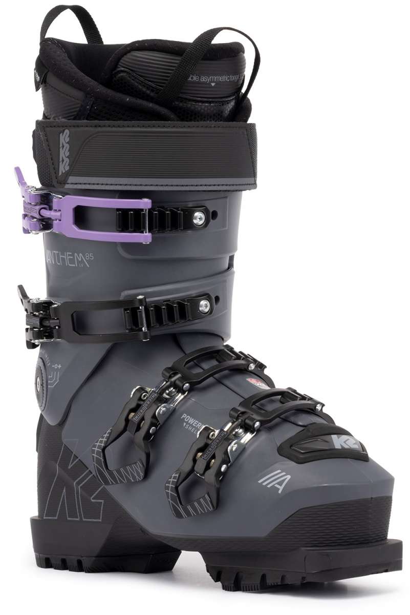 The K2 Ladies Anthem 85 MV Ski Boots for the 2022-2023 season, featuring a black and white color scheme with purple accents.