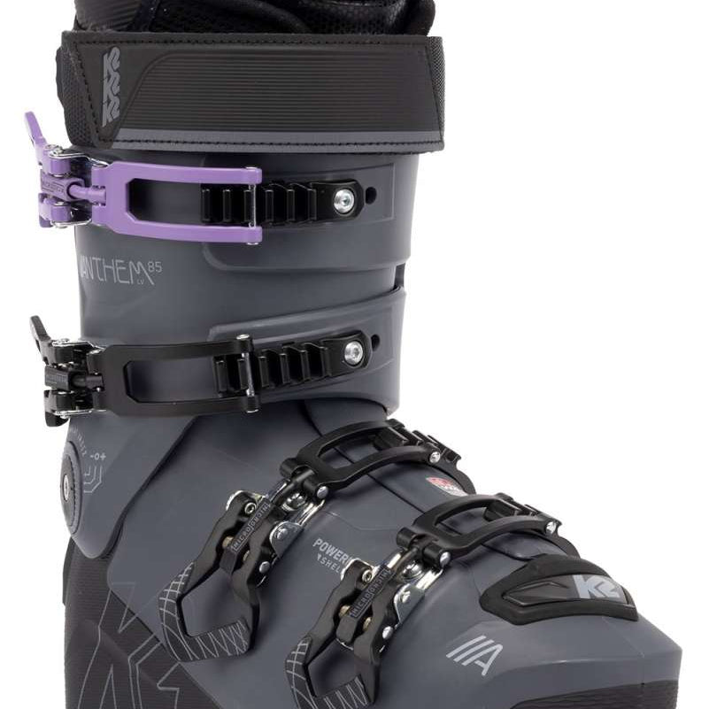 The K2 Ladies Anthem 85 MV Ski Boots for the 2022-2023 season, featuring a black and white color scheme with purple accents.