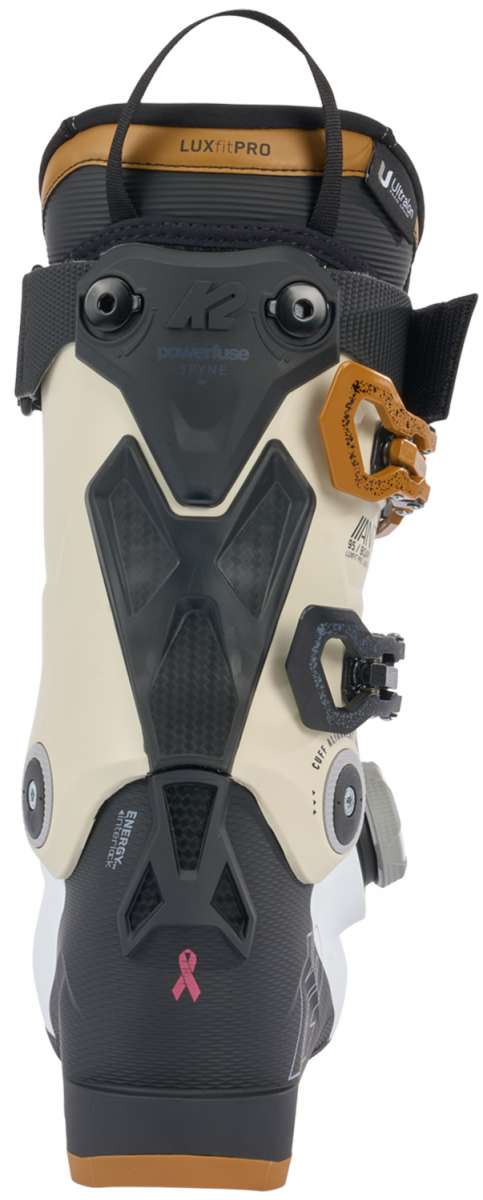 K2 Anthem 95 BOA women's ski boot features a white and gray design with pink accents.