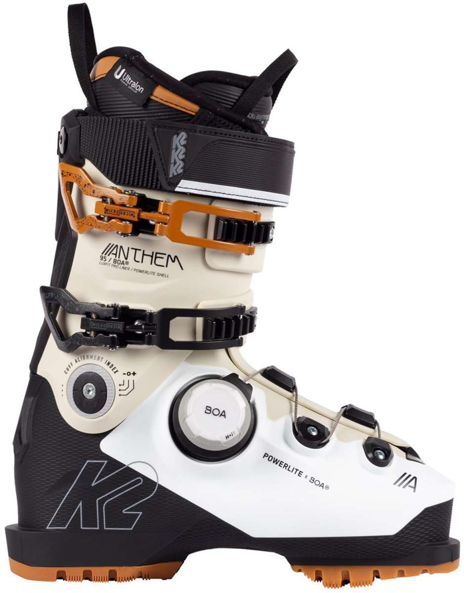 K2 Anthem 95 BOA women's ski boot features a white and gray design with red accents.