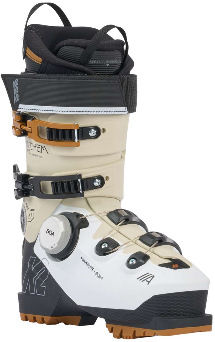 K2 Anthem 95 BOA women's ski boot features a black and white design with visible BOA lacing system.