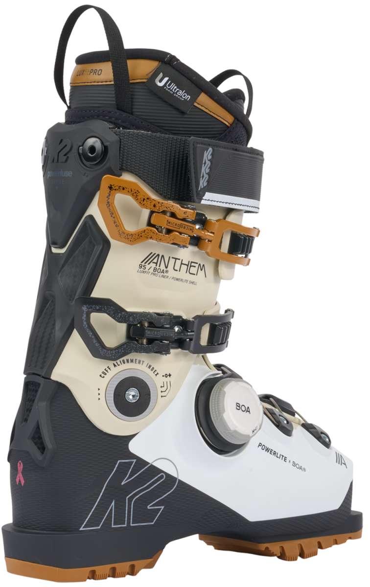 K2 Anthem 95 BOA women's ski boot features a white exterior with orange accents.