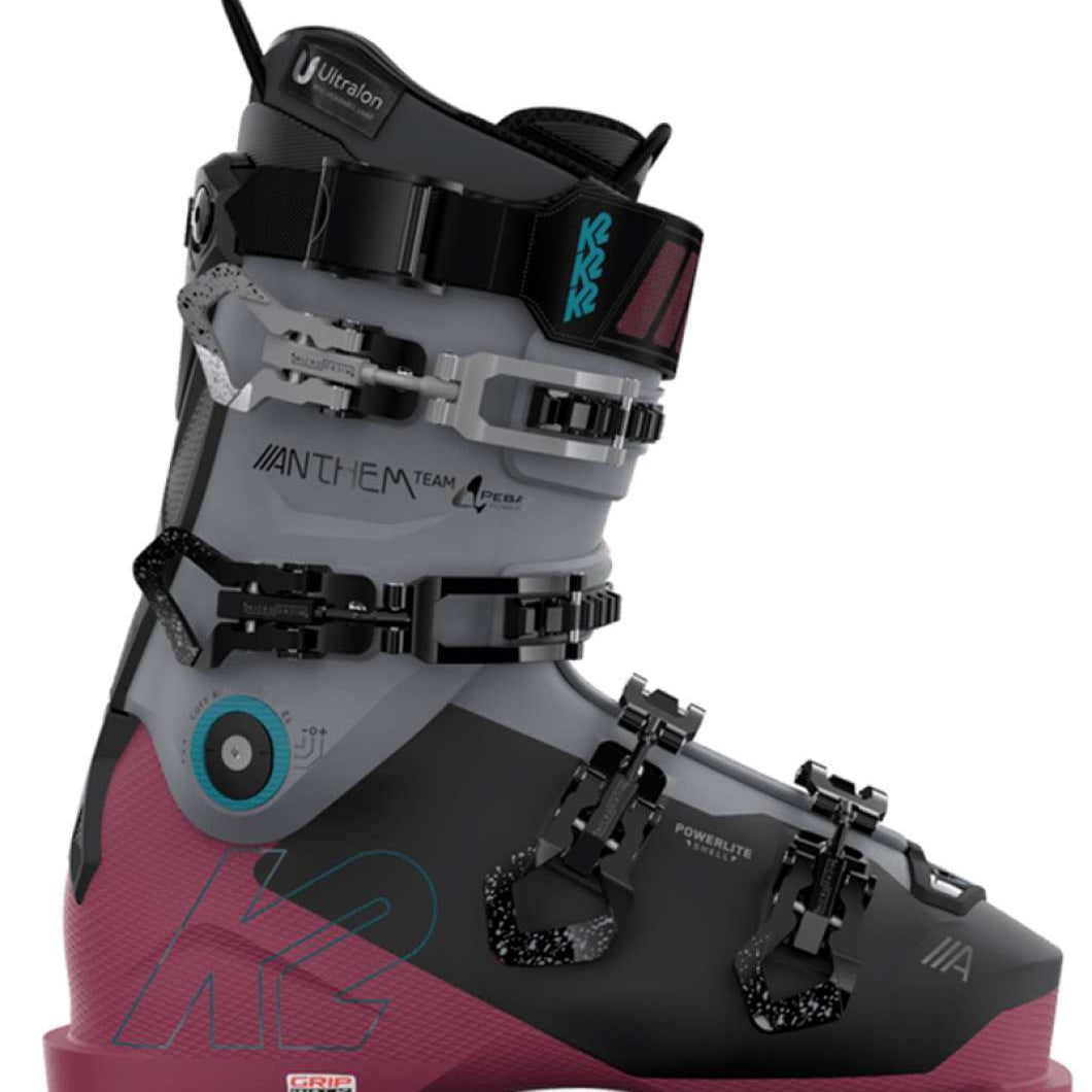 K2 Anthem Team ski boots feature a black and purple design with silver accents.