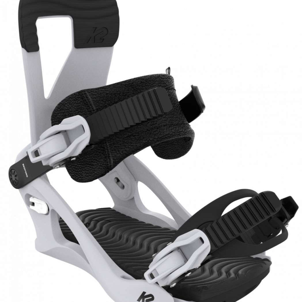 White K2 Bedford snowboard binding features black accents and adjustable straps.