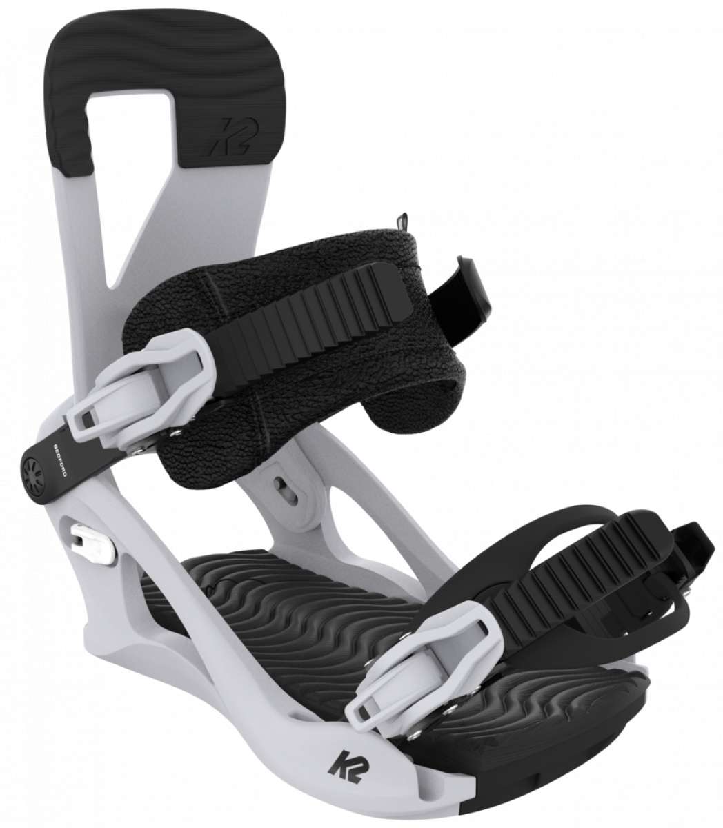 White K2 Bedford snowboard binding features black accents and adjustable straps.