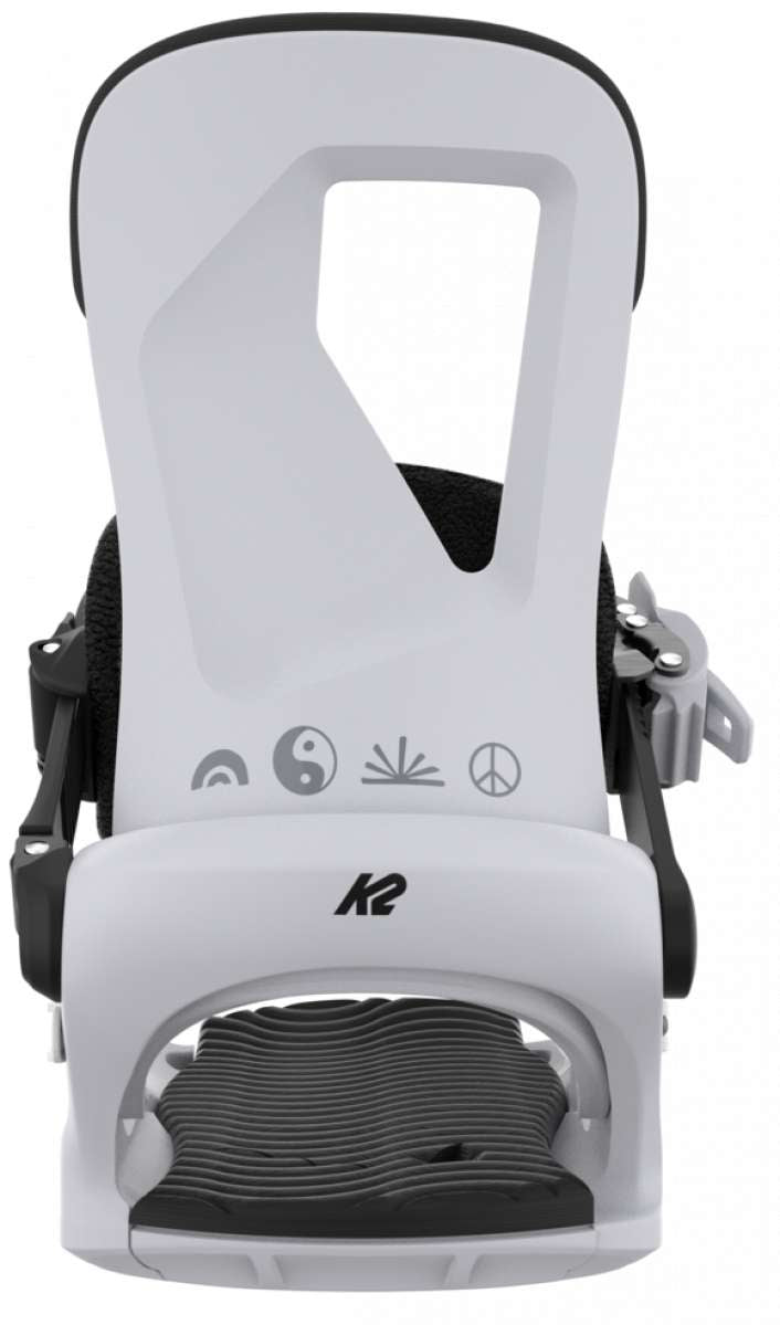 K2 Bedford snowboard binding, white with black accents, features a streamlined design.