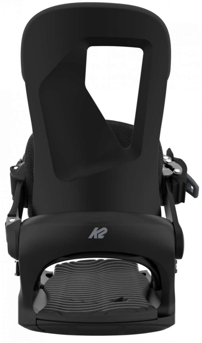 K2 Bedford snowboard binding, black and gray, features a streamlined design for performance.