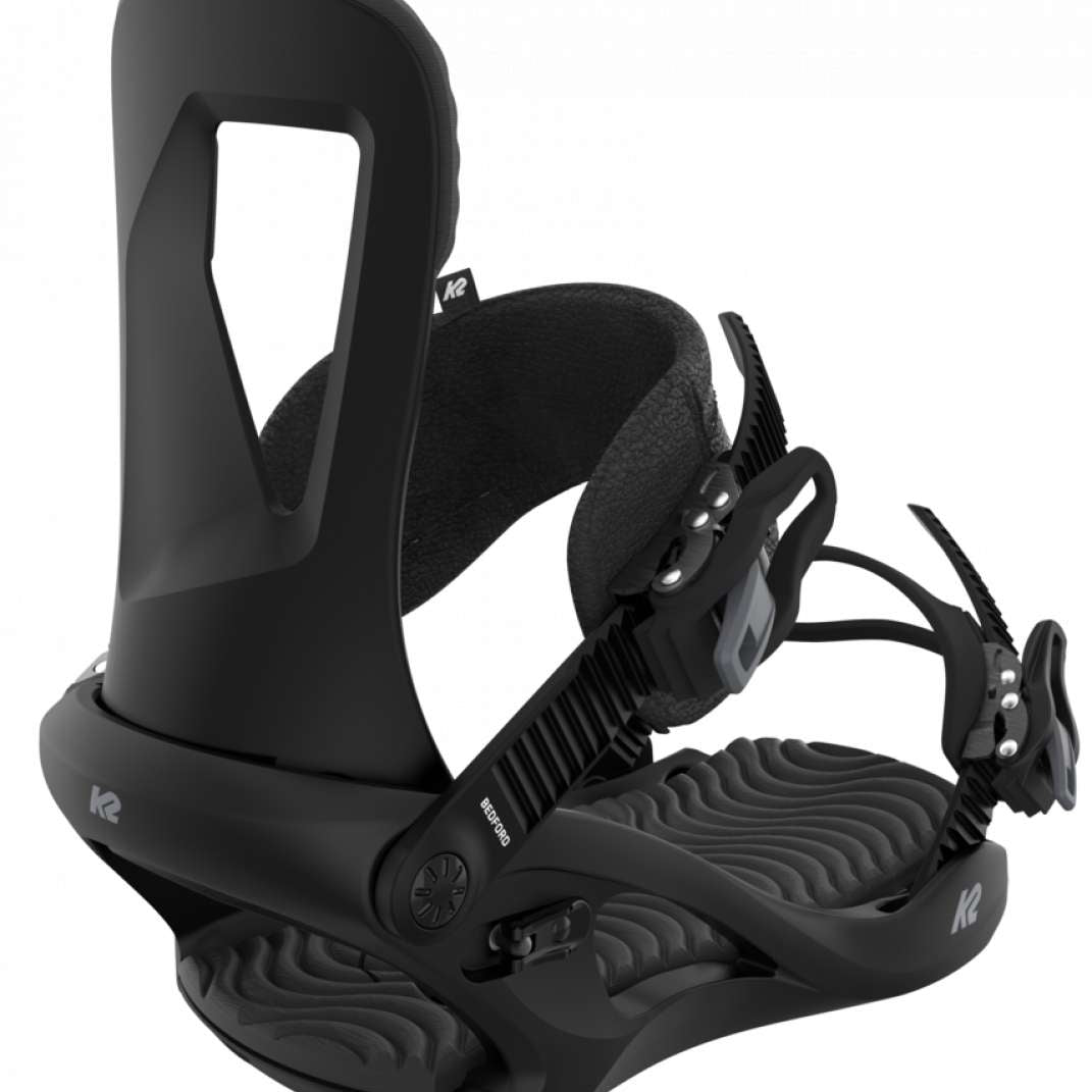 K2 Women's Bedford snowboard binding, black with gray accents, features a distinctive ergonomic design.