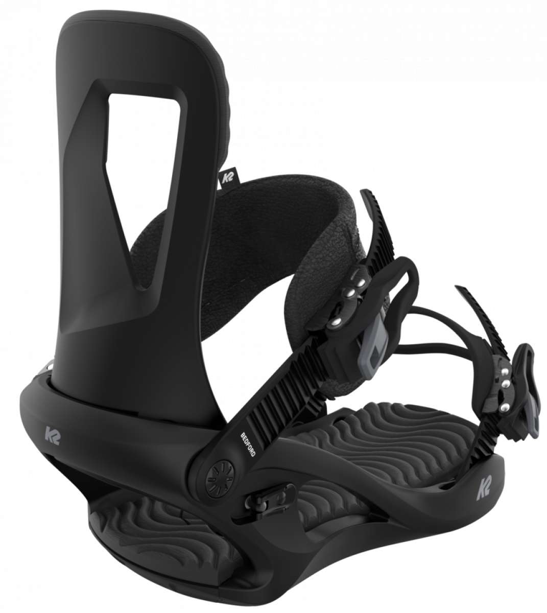 K2 Women's Bedford snowboard binding, black with gray accents, features a distinctive ergonomic design.