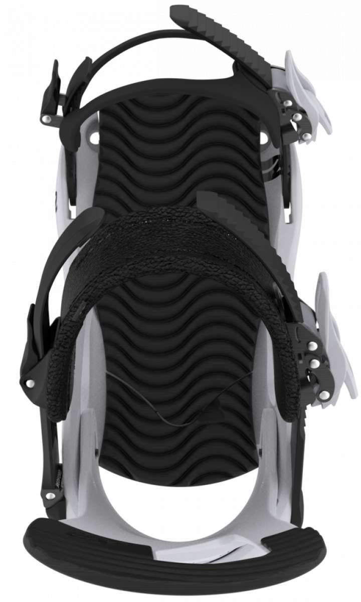 K2 Women's Bedford snowboard binding, 2023 model, features a black and white design with a textured base.
