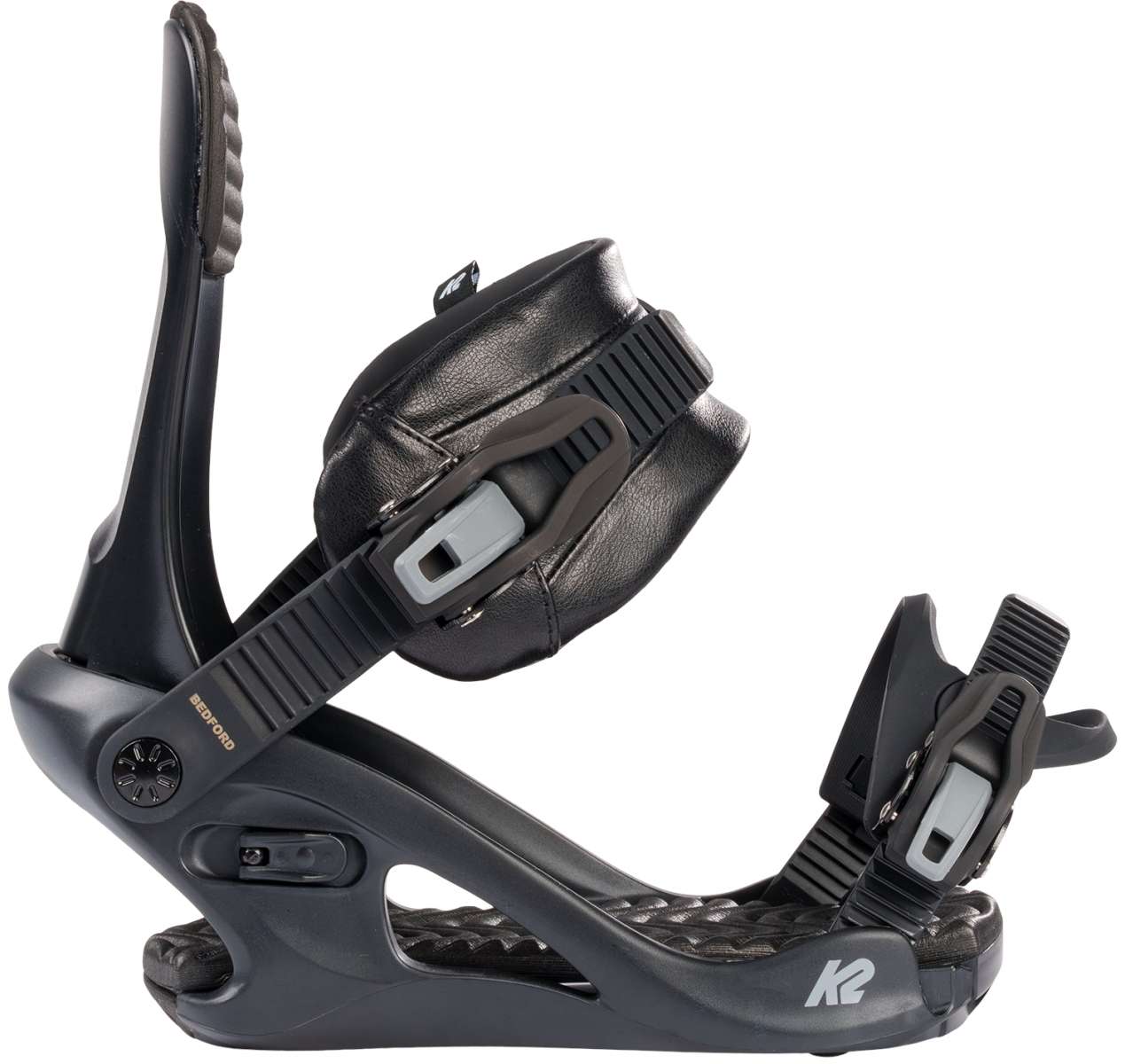 K2 Bedford 2024 women's snowboard bindings feature a black base and gray straps.