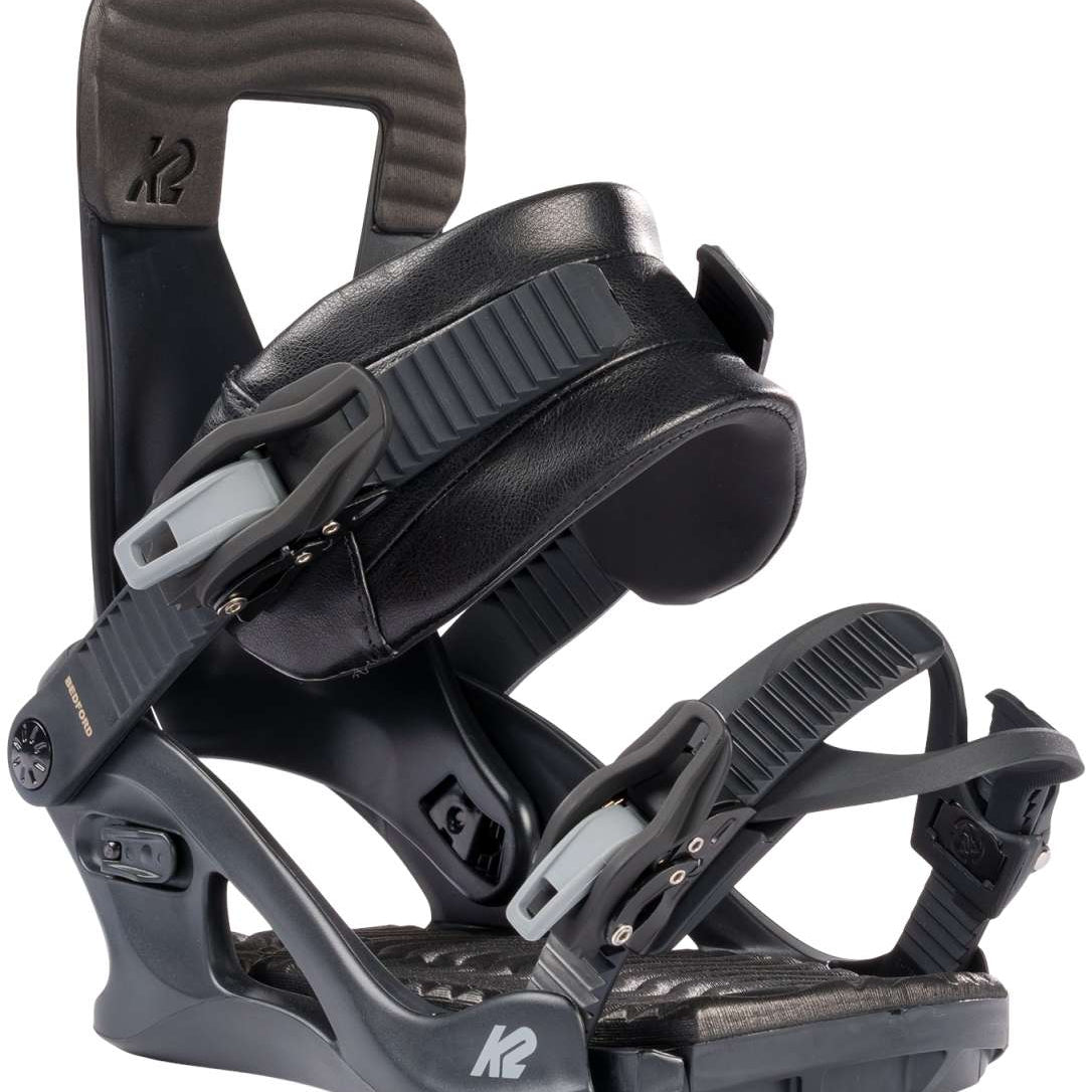 K2 Bedford 2024 women's snowboard bindings feature a black and gray design.