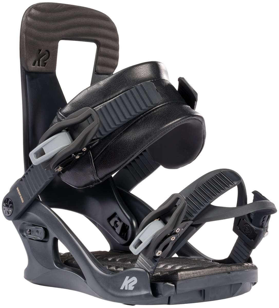 K2 Bedford 2024 women's snowboard bindings feature a black and gray design.
