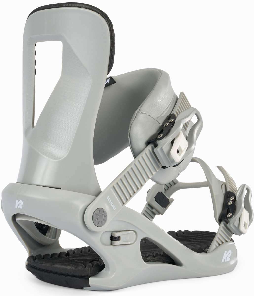 K2 Bedford 2024 women's snowboard bindings feature a gray base and white upper.