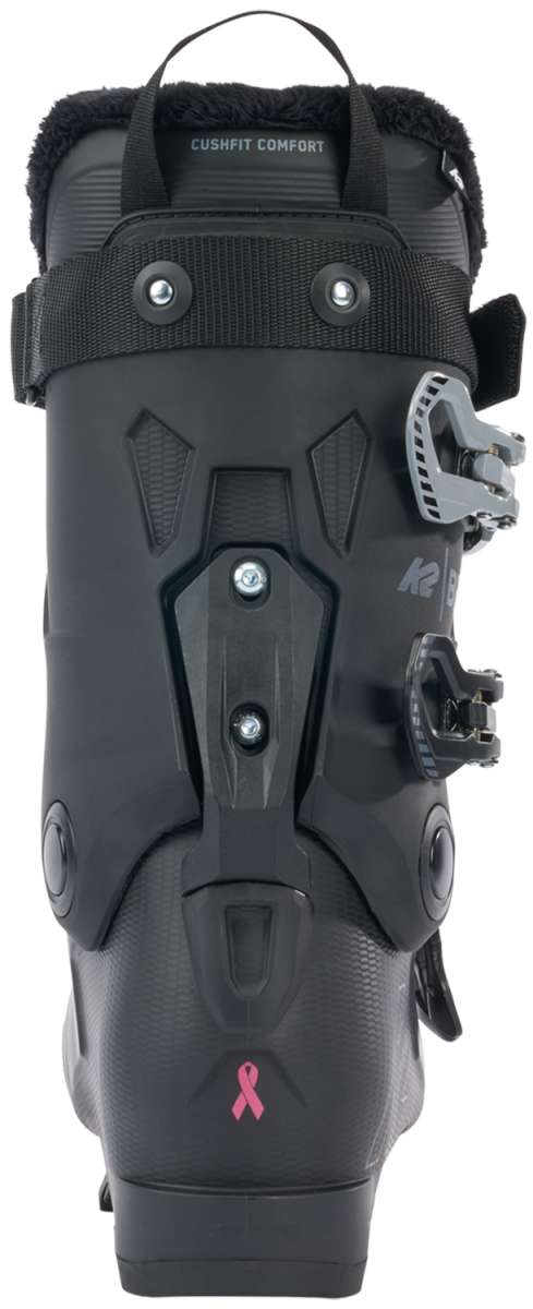 K2 Women's BFC 75 ski boot, 2024 model, features a black exterior with pink accents and a distinctive rear design.