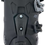 K2 Women's BFC 75 ski boot, 2024 model, features a black exterior with pink accents and a distinctive rear design.