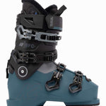 The image shows a pair of K2 Ladies BFC 95 Heat GripWalk Ski Boots for the 2021-2022 season. The boots are gray and blue in color, with black straps and buckles. They feature a heat grip sole for better traction on snowy surfaces.