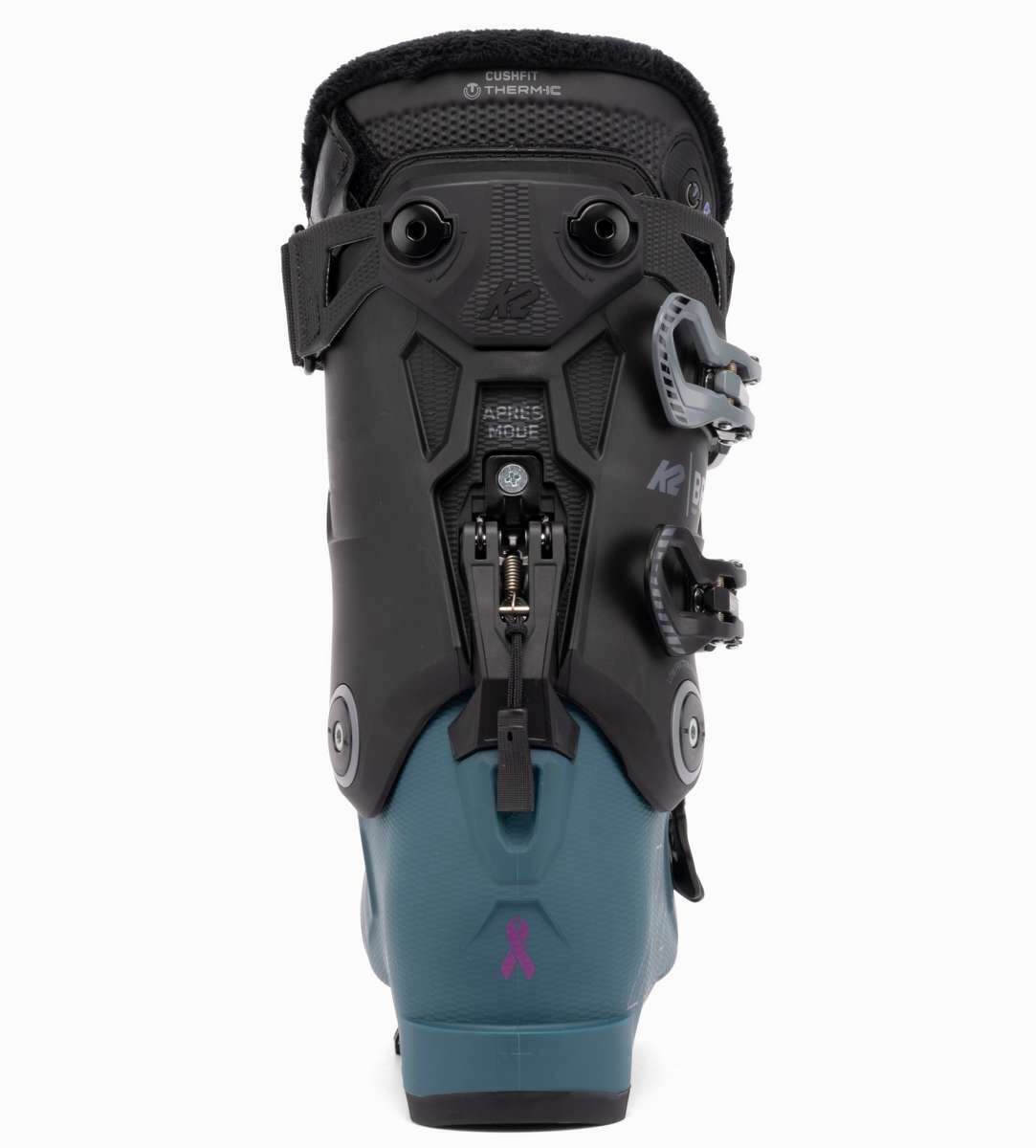 The K2 Ladies BFC 95 Heat GripWalk Ski Boots for the 2021-2022 season are displayed. These boots feature a blue and black color scheme, with a heat grip sole for added traction on snowy surfaces. The boots have a buckle closure system for secure fit and comfort.