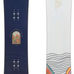 K2 Women's Cold Shoulder snowboard features a white base with vibrant pink and blue wave graphics.