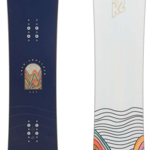 K2 Women's Cold Shoulder snowboard features a white base with vibrant pink and blue wave graphics.