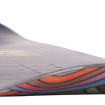 K2 Women's Cold Shoulder snowboard, 2024 model, features a distinctive colorful graphic and white top.