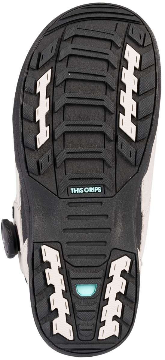 K2 Contour snowboard boot, white and black design with a blue accent, features a textured sole.