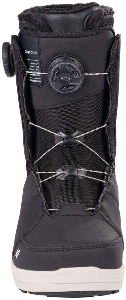 Black K2 Contour snowboard boot features a BOA lacing system and sleek design.