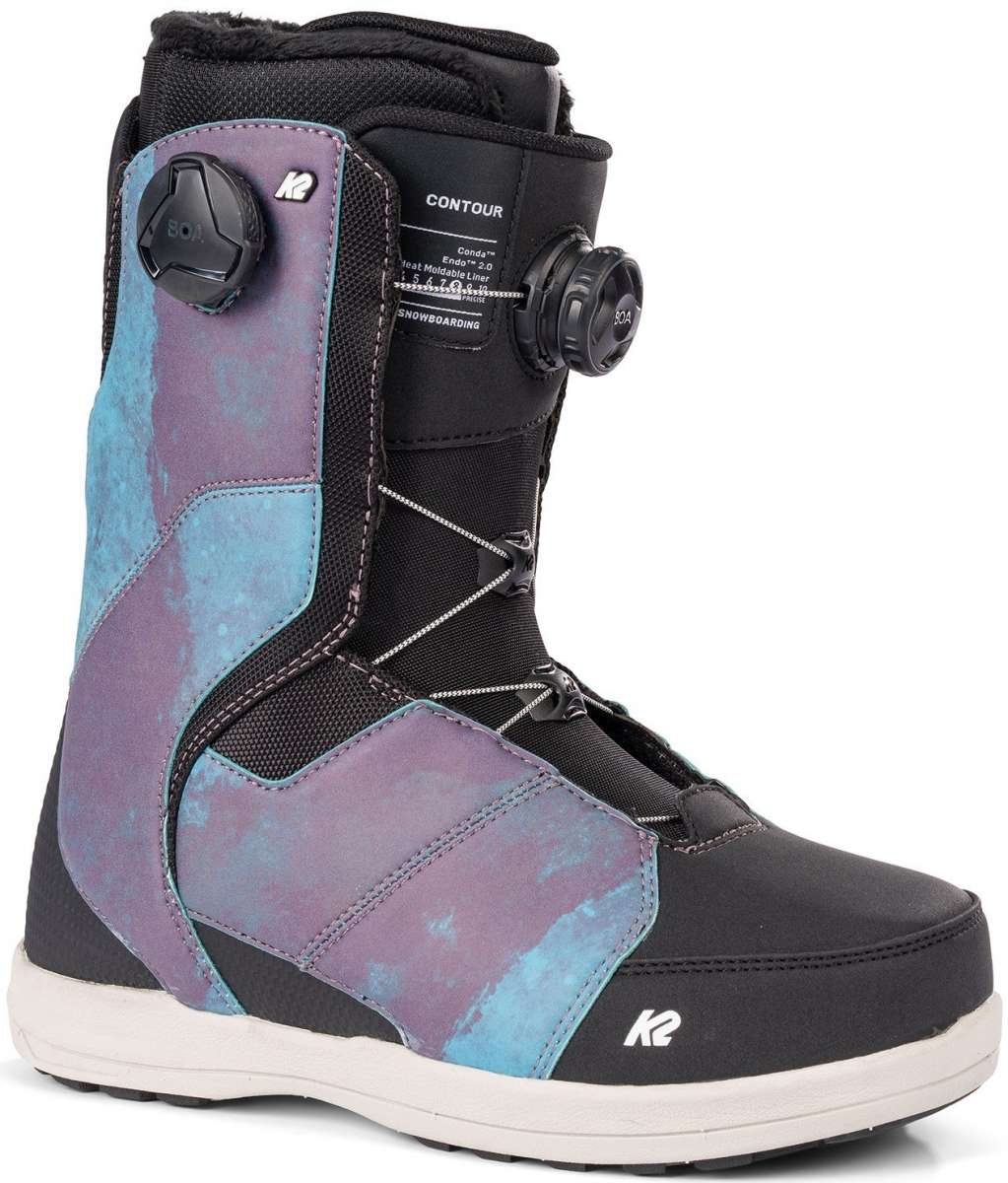 K2's 2023 Contour women's snowboard boot features a purple and teal colorway with Boa lacing.