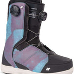 K2's 2023 Contour women's snowboard boot features a purple and teal colorway with Boa lacing.