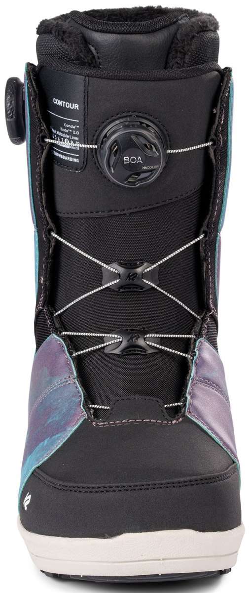 K2 Women's Contour snowboard boot features a vibrant purple and teal design with Boa lacing.
