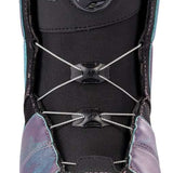 K2 Women's Contour snowboard boot features a vibrant purple and teal design with Boa lacing.