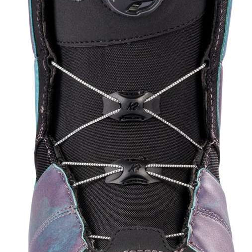 K2 Women's Contour snowboard boot features a vibrant purple and teal design with Boa lacing.