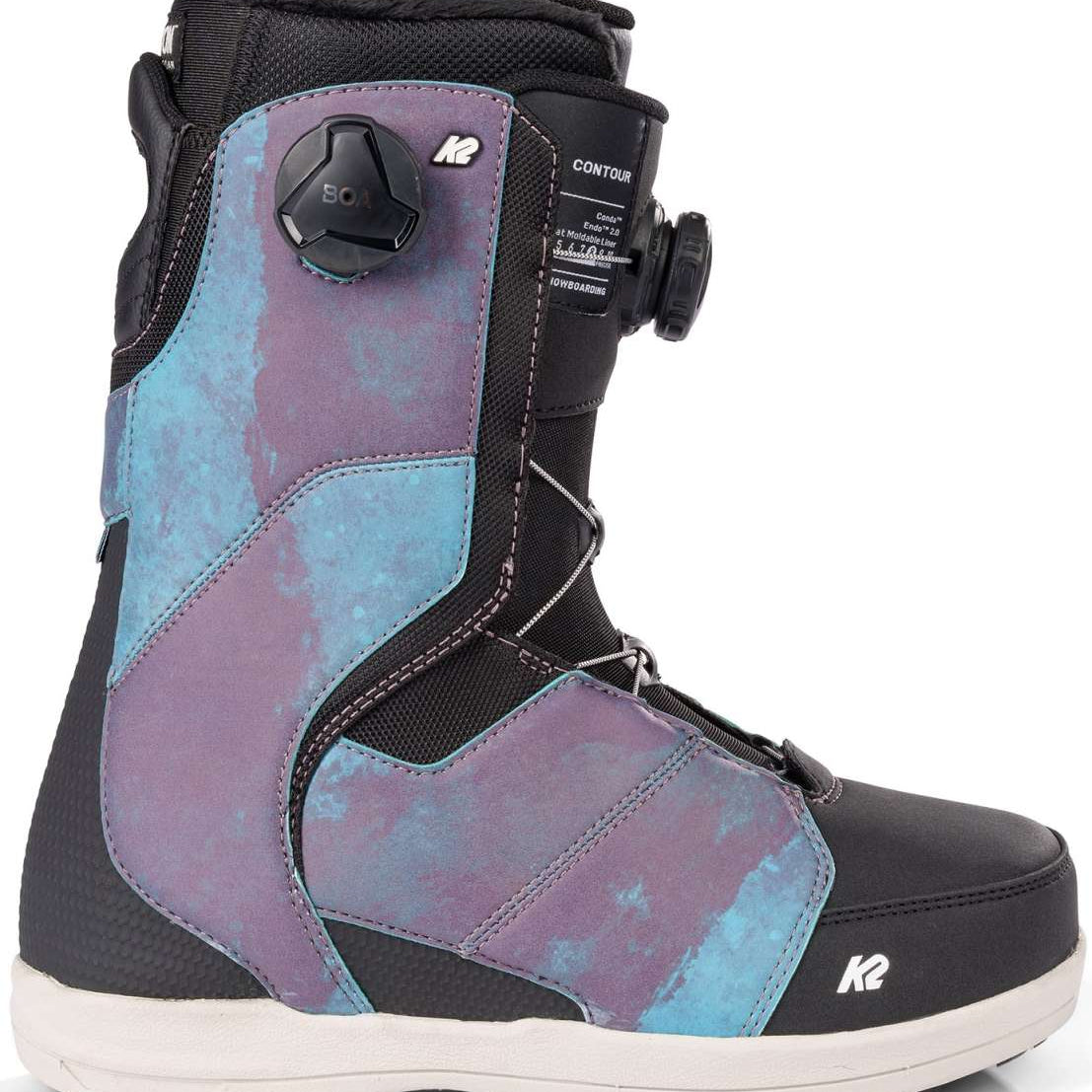 K2 Contour snowboard boot features a vibrant, iridescent purple and blue design.