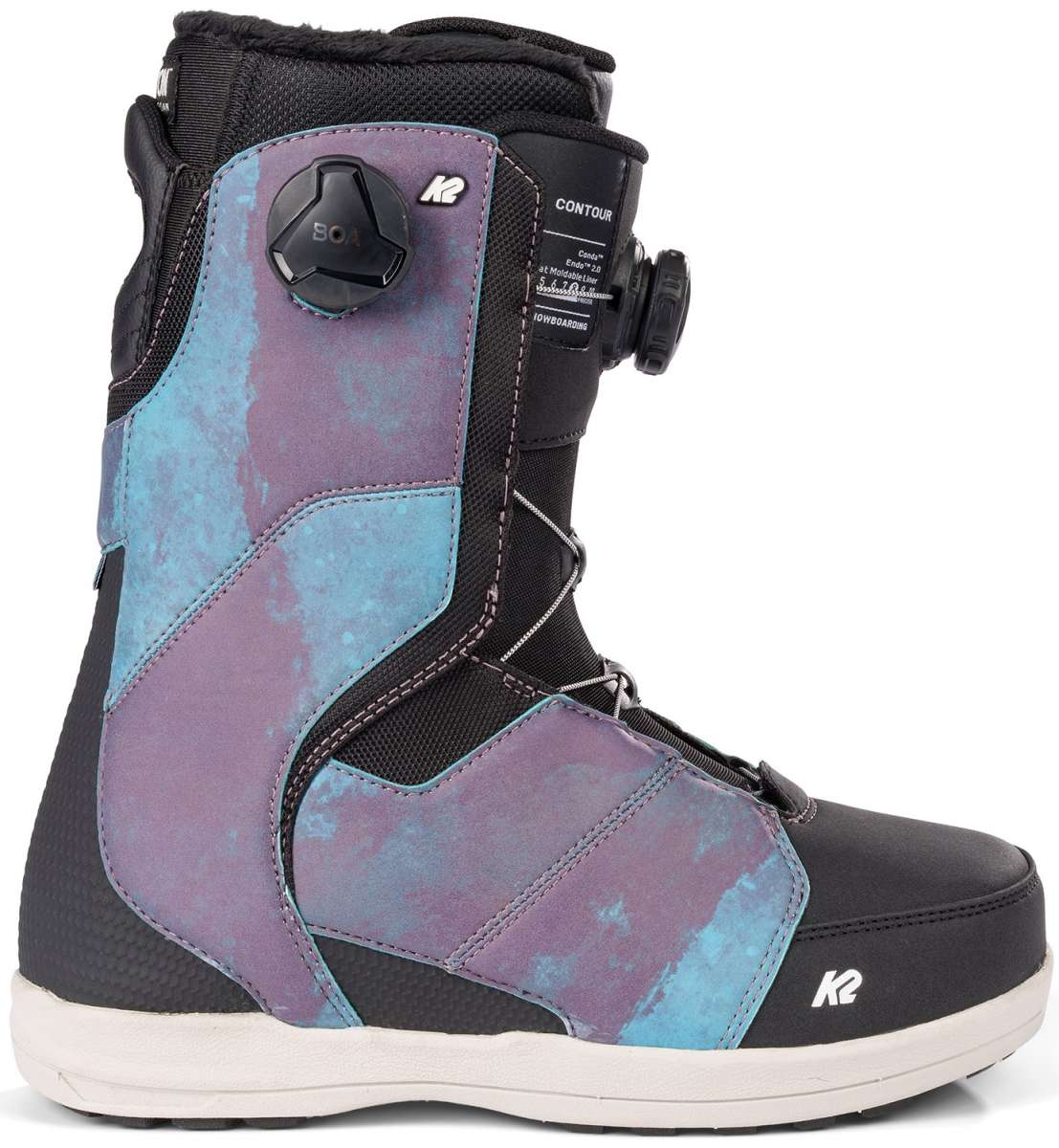 K2 Contour snowboard boot features a vibrant, iridescent purple and blue design.