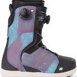 K2 Contour snowboard boot features a vibrant, iridescent purple and blue design.