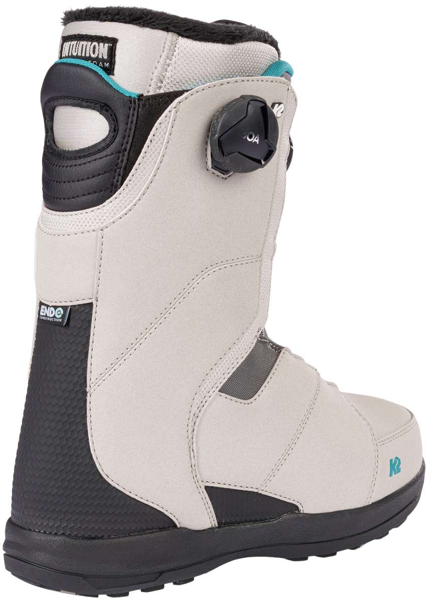 White K2 Contour snowboard boot features a black stripe and BOA lacing system.