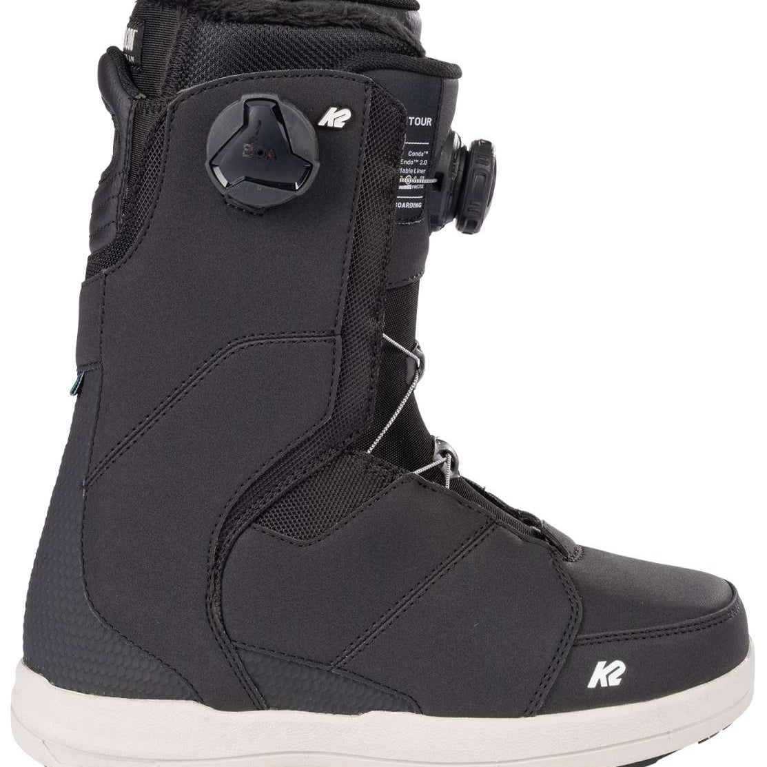 White K2 Contour snowboard boot with black accents and a gray dial system.