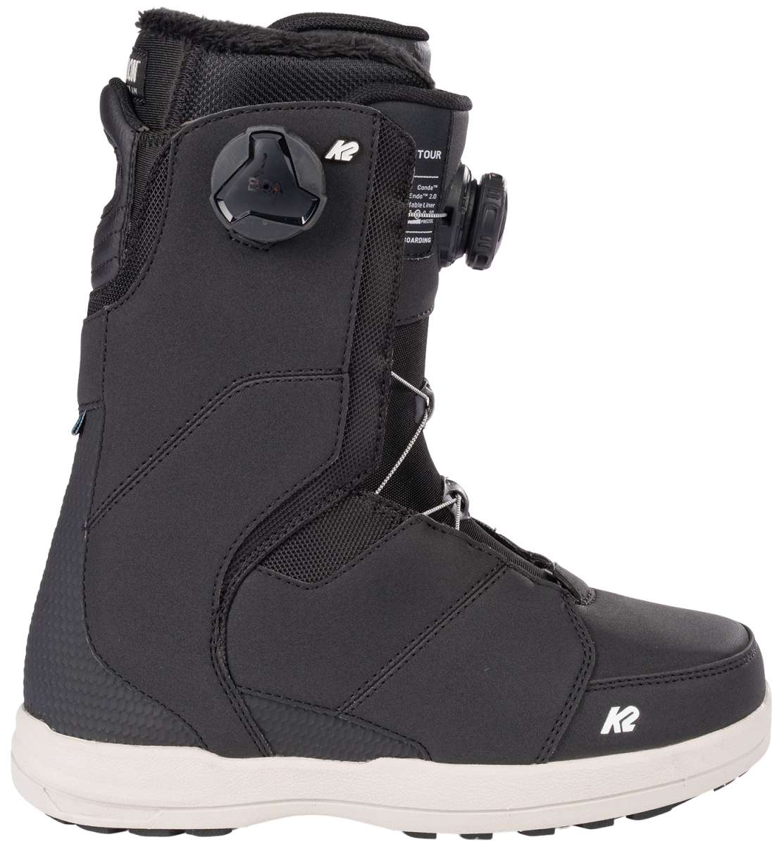 White K2 Contour snowboard boot with black accents and a gray dial system.