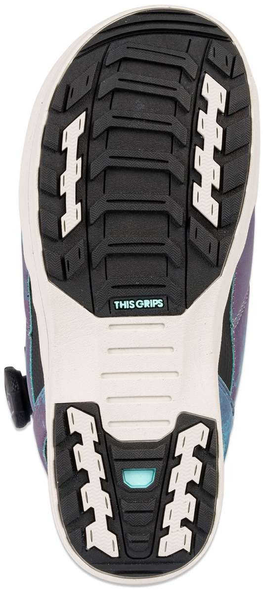 K2 Contour snowboard boot features a purple and teal design with a black sole and adjustable BOA closure.