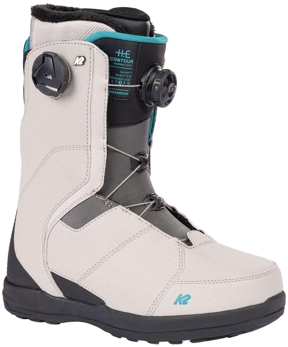 White K2 Contour snowboard boot features blue accents and a BOA lacing system.